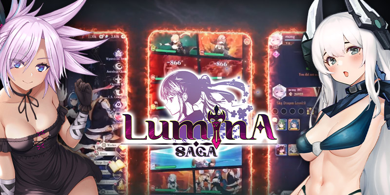 Image showing some of the gameplay in the back and 2 girls from Lumina Saga