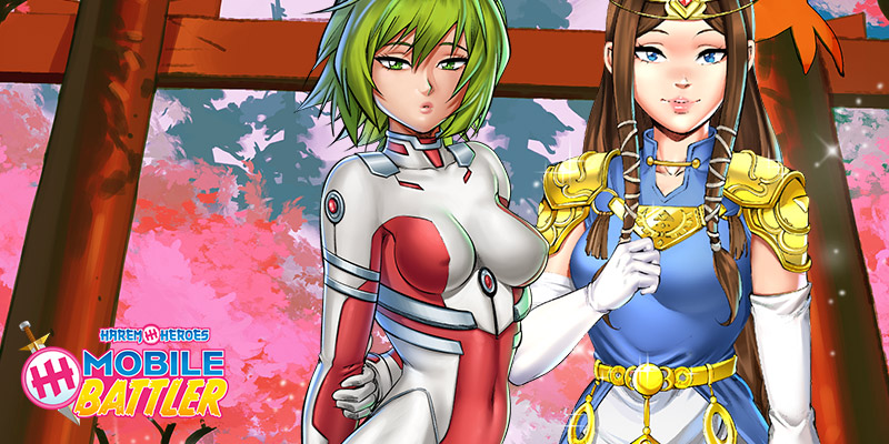 Bild zeigt zwei der Mädchen, die Sie in Harem Heroes Mobile Battler treffen werden