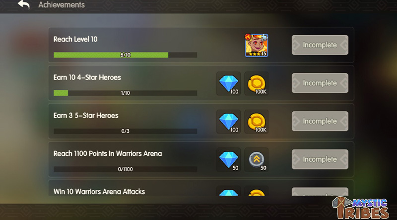 Image montrant diverses réalisations que les joueurs peuvent gagner dans Mystic Tribes