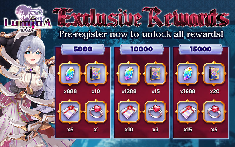 Banner showing the Pre-Reg rewards for Lumina Saga