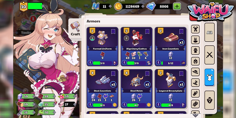 Image showing some the armors you get to unlock in Waifu Shop