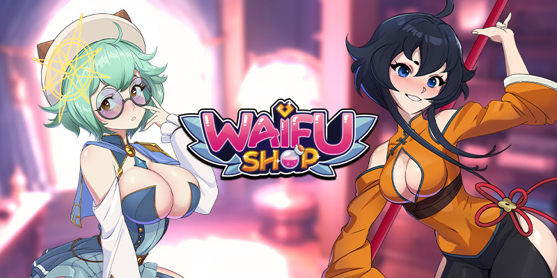 Image showing 2 of the girls and the logo of the game of Waifu Shop